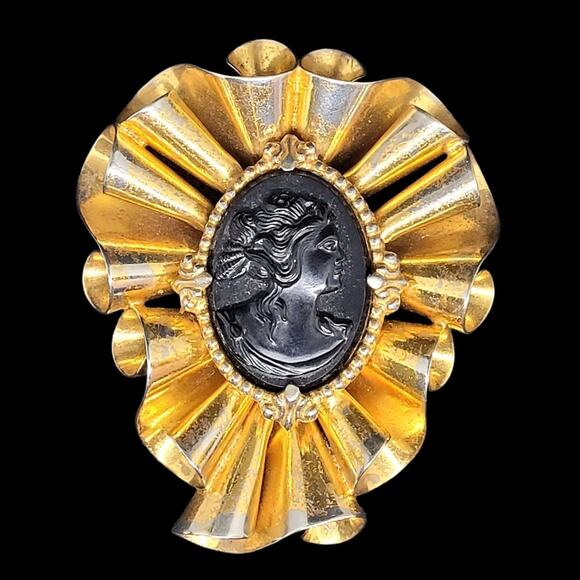 Vintage Black Cameo Gold Vermeil Bow Brooch Clip – Chic Retro Accessory - Picture 1 of 10
